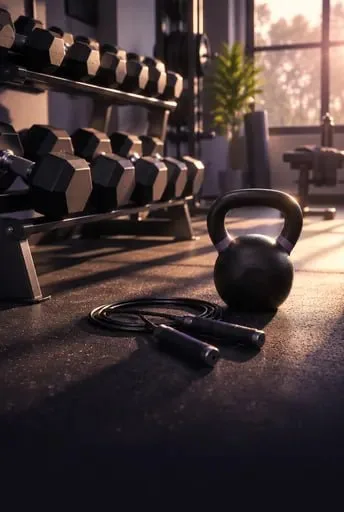 Academia com halteres, kettlebell e corda